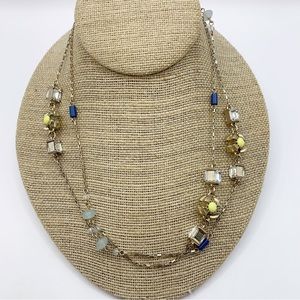 Gold tone yellow flower rhinestone navy blue bead layering necklace
